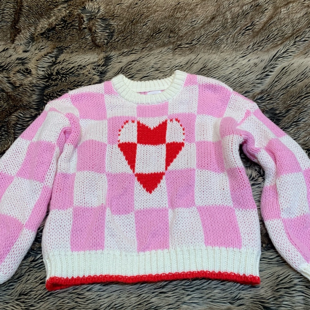 Luna Ivy pink white checkered red white heart crochet style sweater size XS